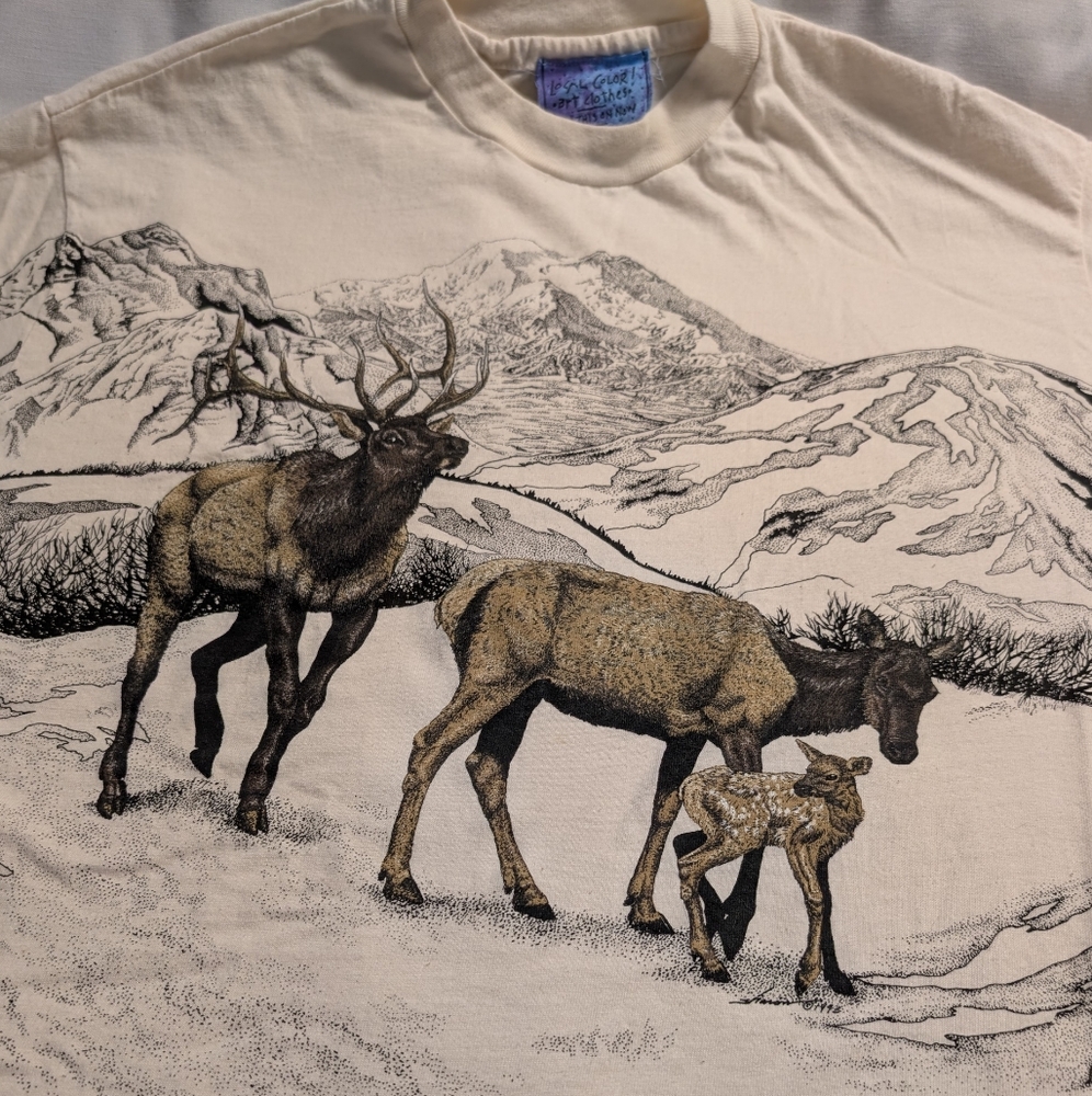Cream Graphic Elk T-Shirt Local Color Art Clothes Size Large Wallowa Lake Oregon